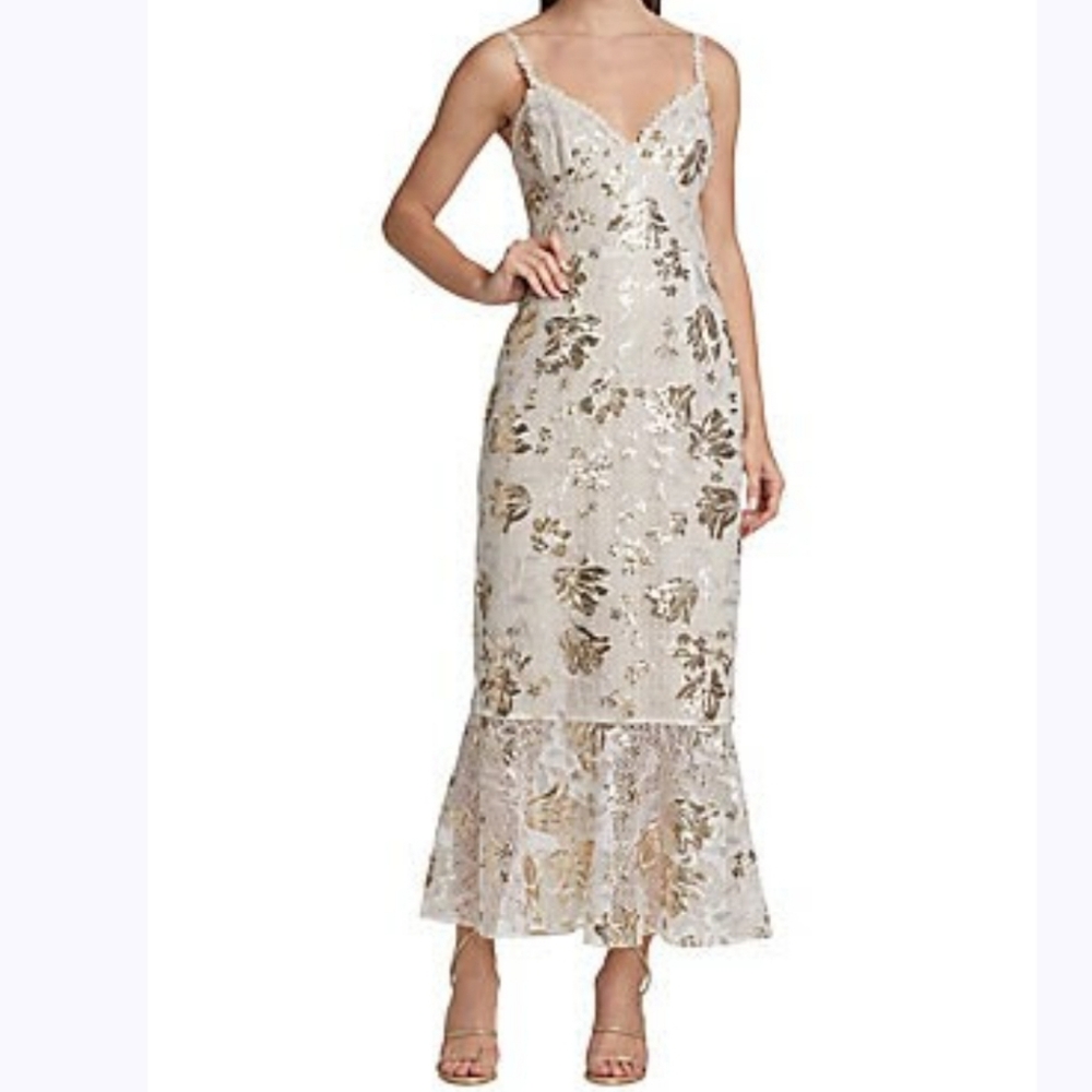 Marchesa Notte Gold Floral Sequin Lace Midi Dress – Size 12 – NWT